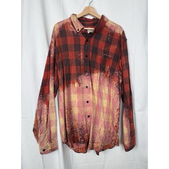 Upcycled L.L. Bean Flannel Shirt Bleach Dyed One of a Kind XL Cotton Unisex Red - Picture 1 of 7